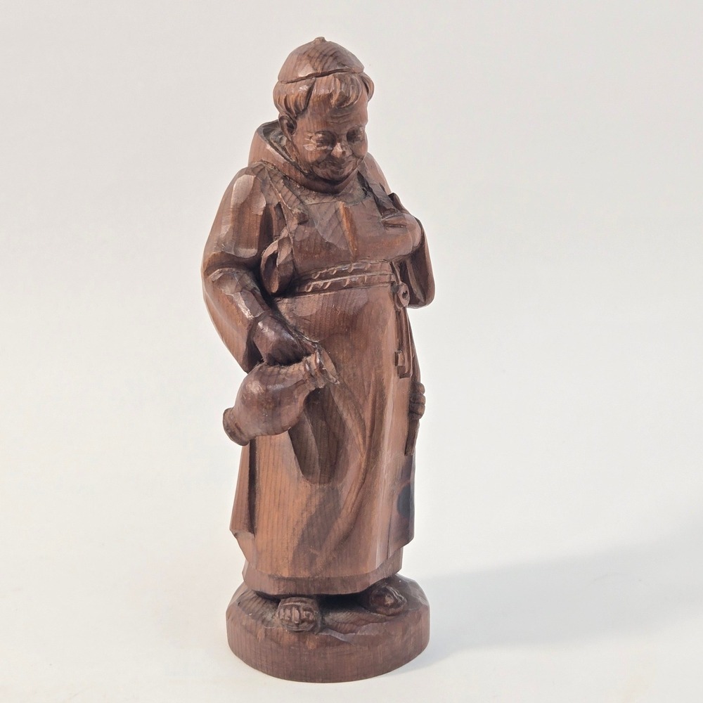 Vintage Hand Carved Wood Monk Figurine Friar with Jug Brewer Folk Art 6 Inch